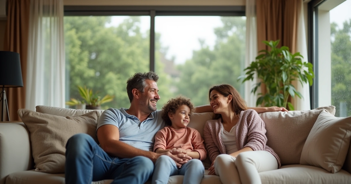 Família relaxando em casa segura contra cheiros e inundações de esgoto 