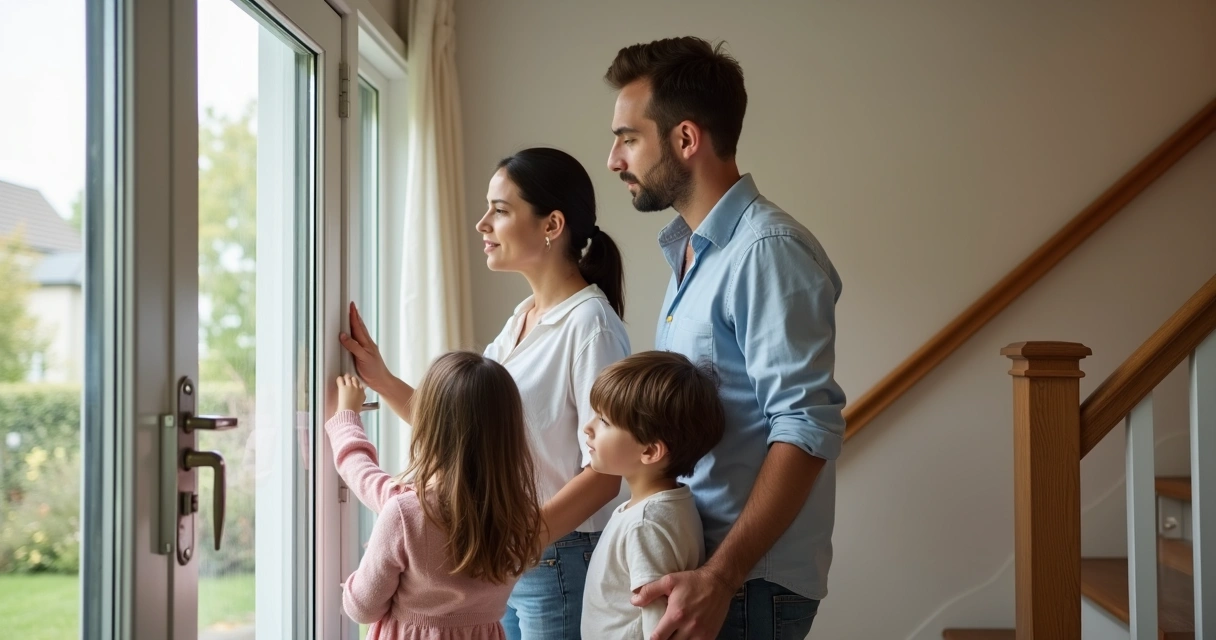 Família inspecionando elementos de segurança em casa para temporada 