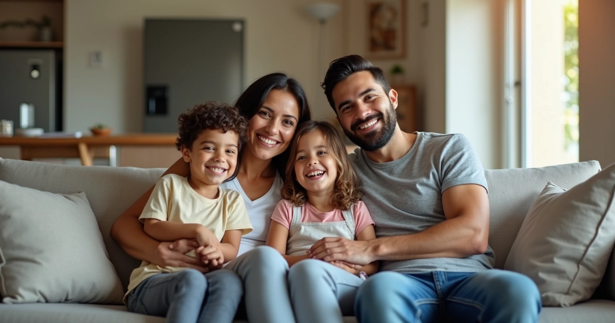 Família reunida em sala de estar com cara de alívio.