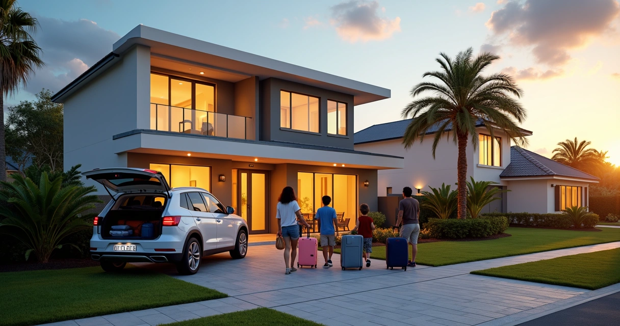 Família brasileira chegando em casa de temporada moderna em Orlando ao entardecer 