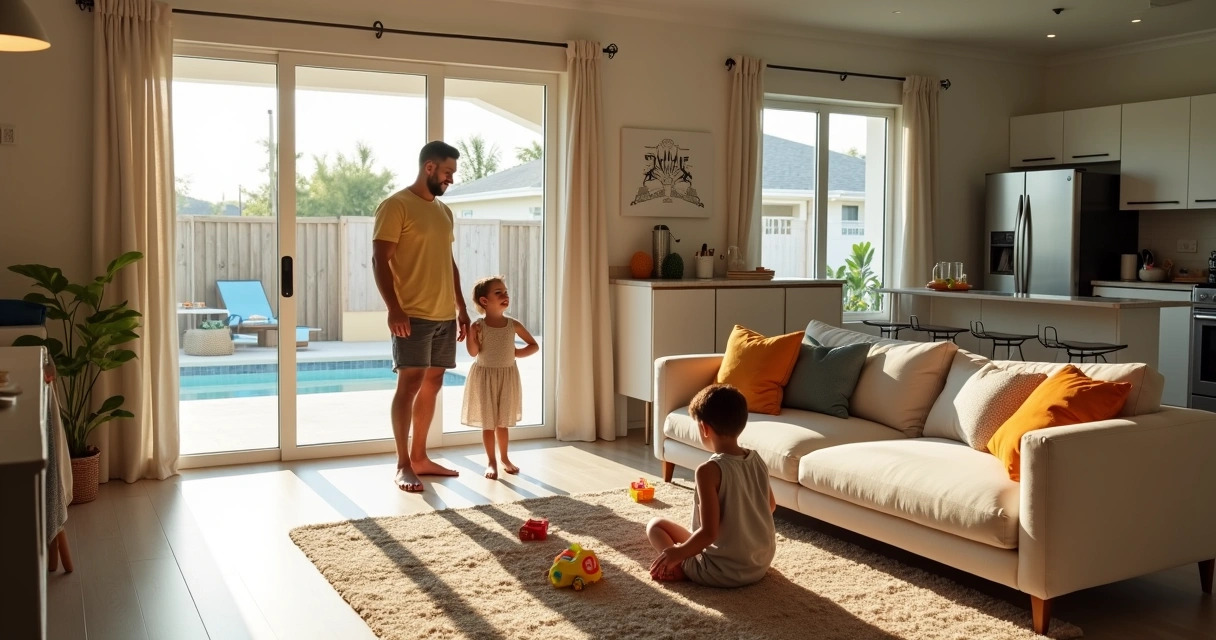 Família brasileira com crianças em sala de casa de temporada em Orlando perto da Disney 