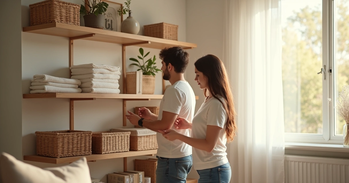 Casal conversando e organizando itens domésticos na sala. 