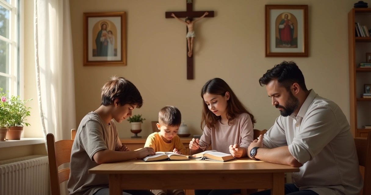 Família católica com crianças orando junta em casa, ambiente iluminado e acolhedor, com símbolos religiosos ao fundo 