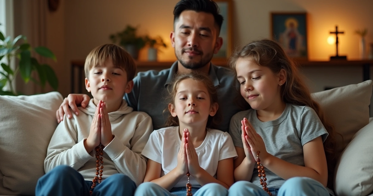 Família católica rezando terço na sala 