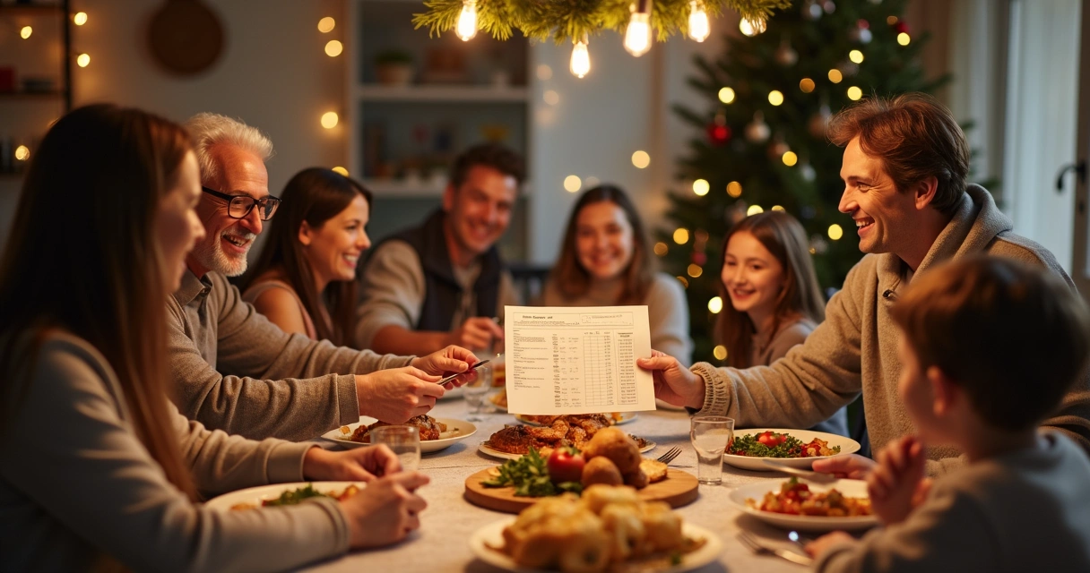 Família feliz reunida em volta da mesa de Natal com planilha de orçamento. 