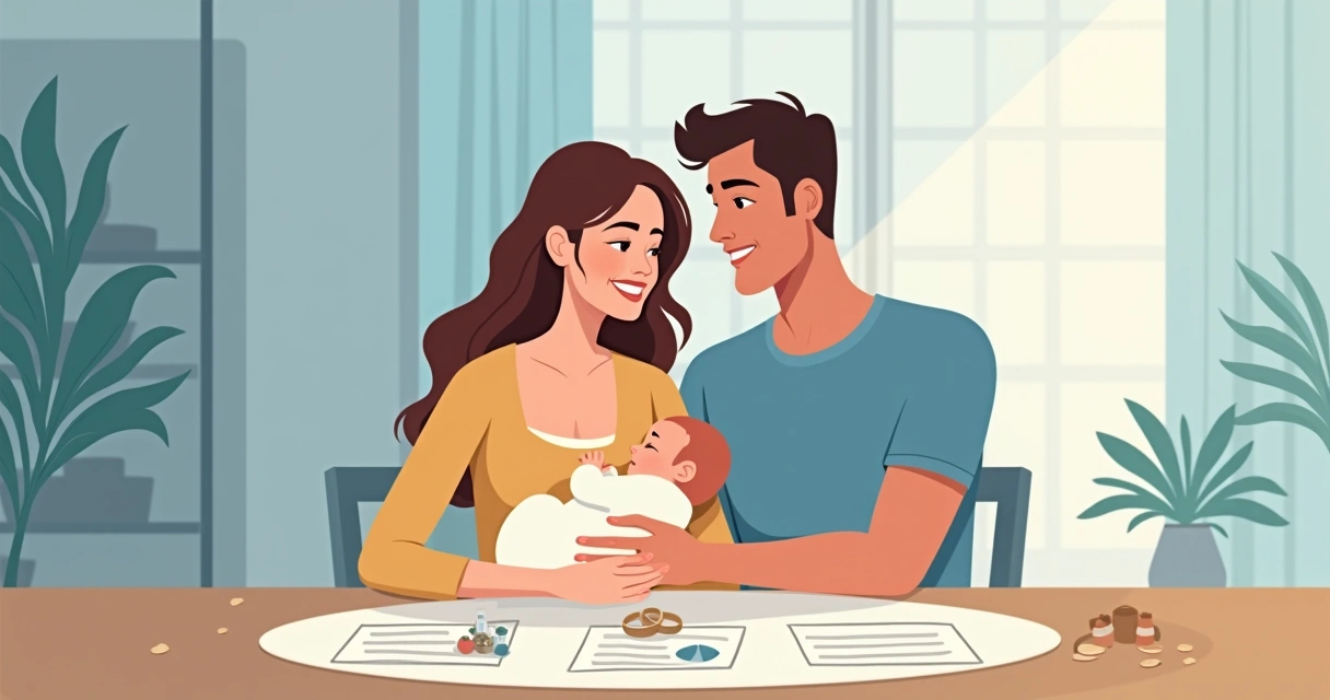 Família comemorando juntos com bebê recém-nascido e alianças de casamento à vista. 