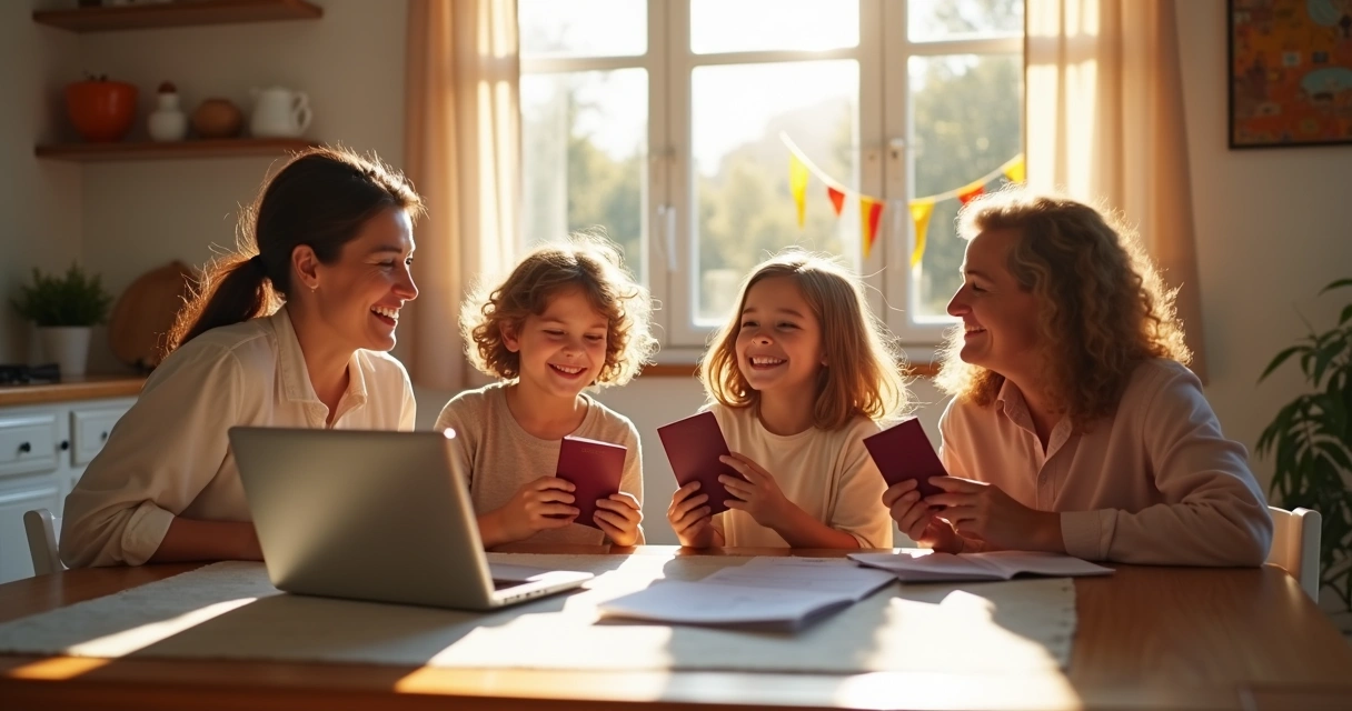 Família feliz com documentos e passaportes espanhóis em mãos 