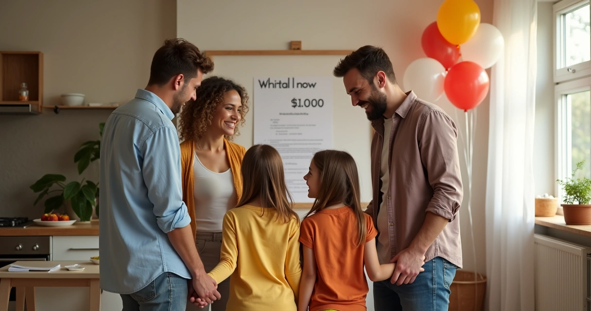 Família comemorando junto uma conquista financeira 