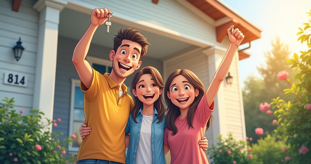 Família feliz segurando chaves em frente a casa própria regularizada