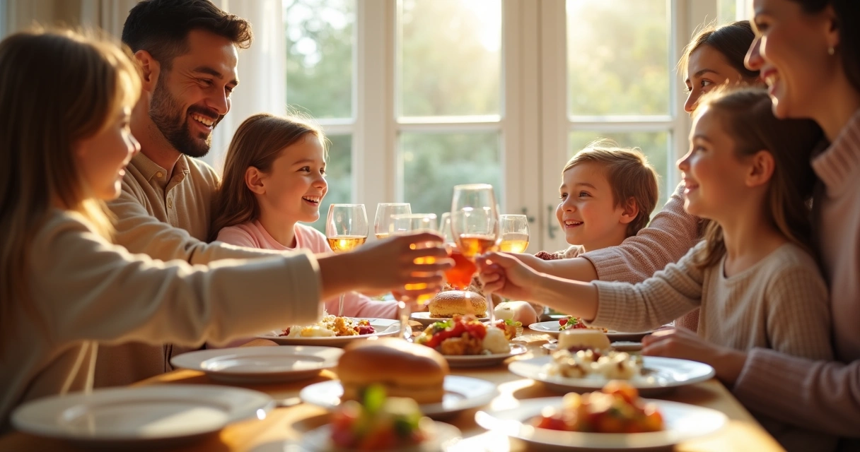 Familia reunida, sorrindo e celebrando ao redor da mesa