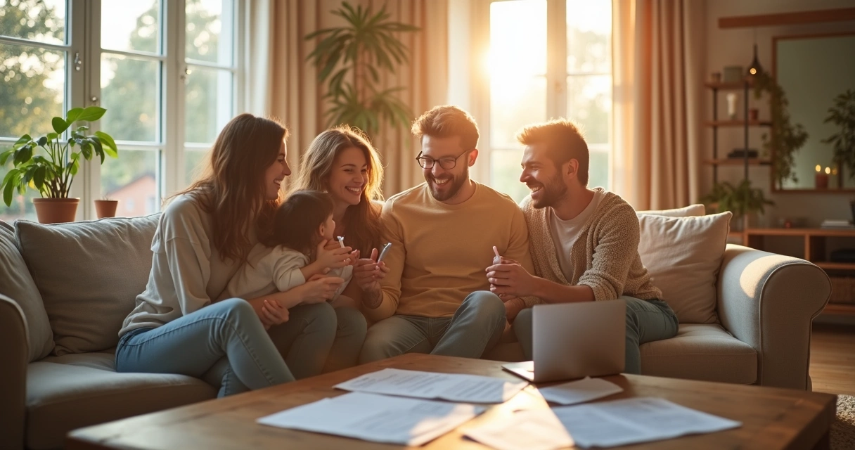 Família sorridente celebrando aprovação do financiamento dentro de uma sala de estar 