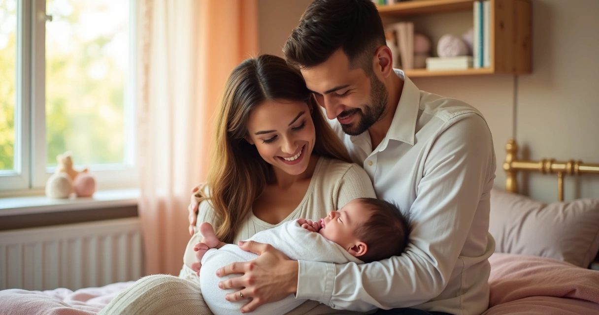 Casal segurando bebê recém-nascido em ambiente de quarto aconchegante com decoração suave 