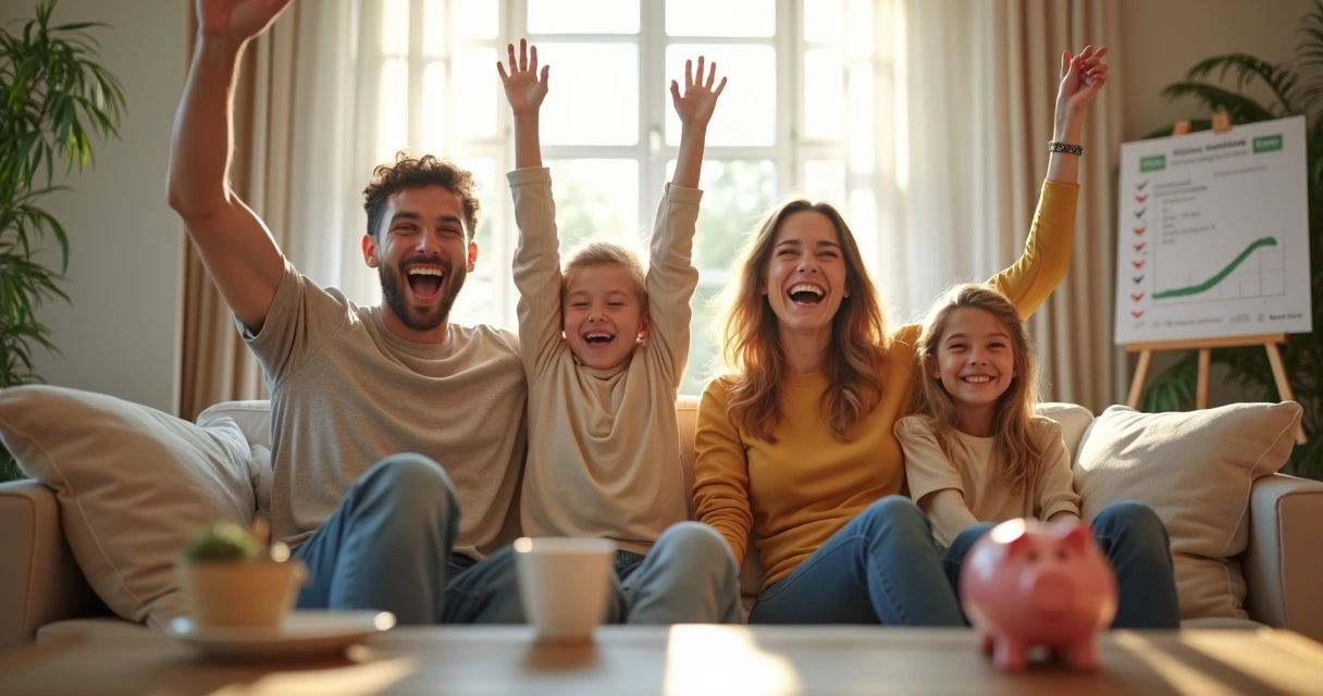 Família comemorando conquista financeira em casa 