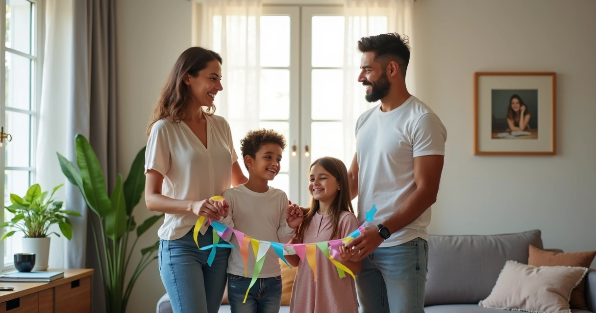 Família comemorando conquista financeira juntos 