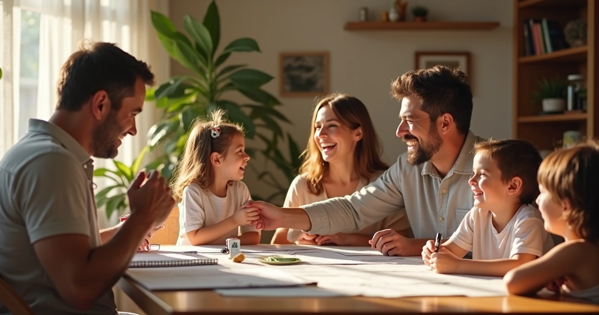 Família celebrando em casa, sorrindo, ao redor de mesa com documento 