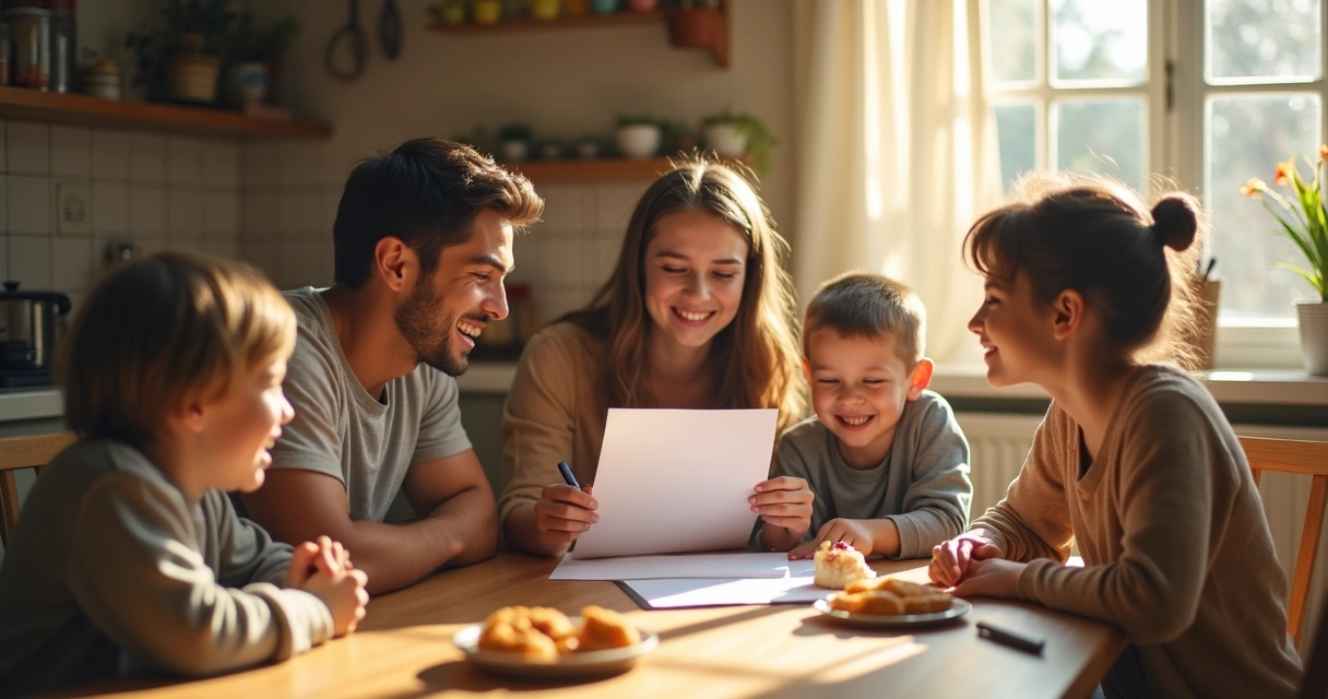 Família sorrindo em volta de um estudante com um boletim