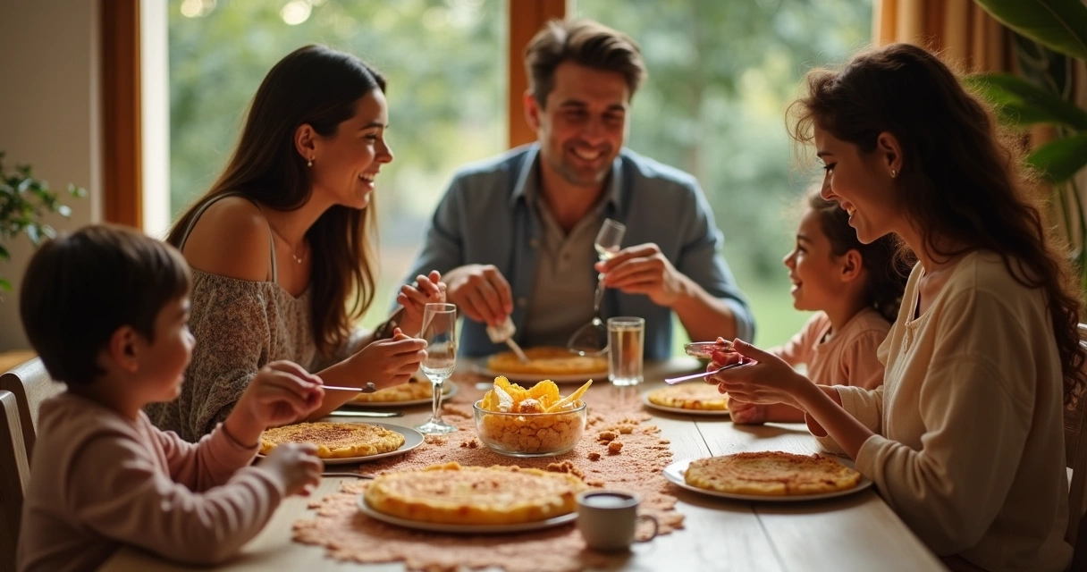 Família reunida sorrindo ao redor de crepes recém-preparados 