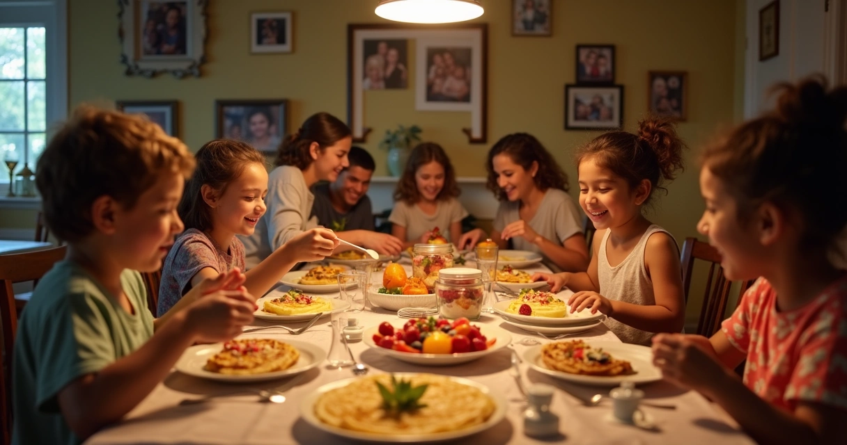 Família brasileira sorrindo e servindo crepes em evento em Orlando 