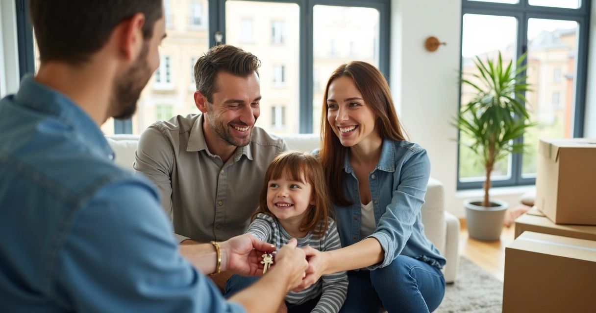 Família recebendo chaves de corretor em salão iluminado 