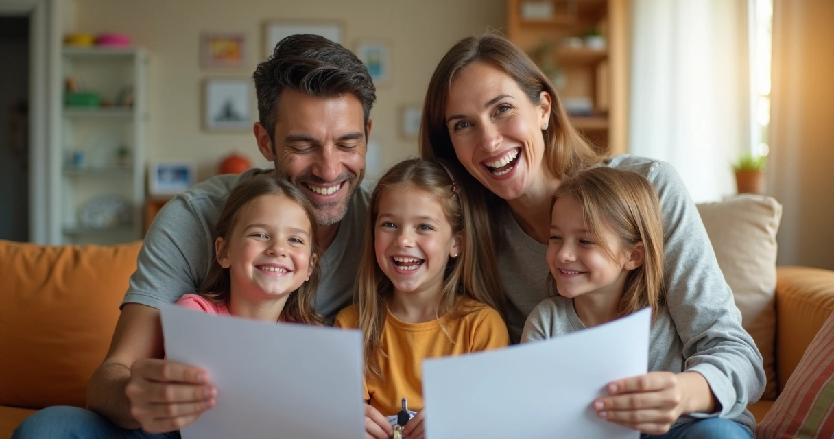 Família feliz celebrando escritura regularizada do imóvel