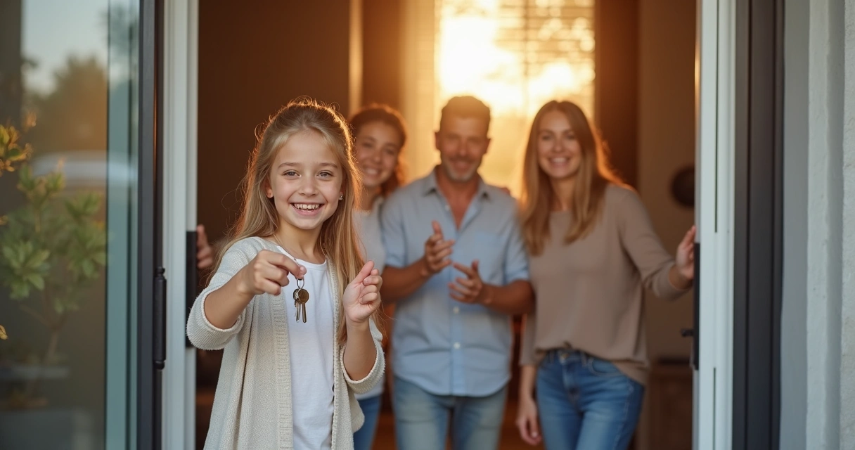 Família sorrindo ao receber chaves de imóvel novo