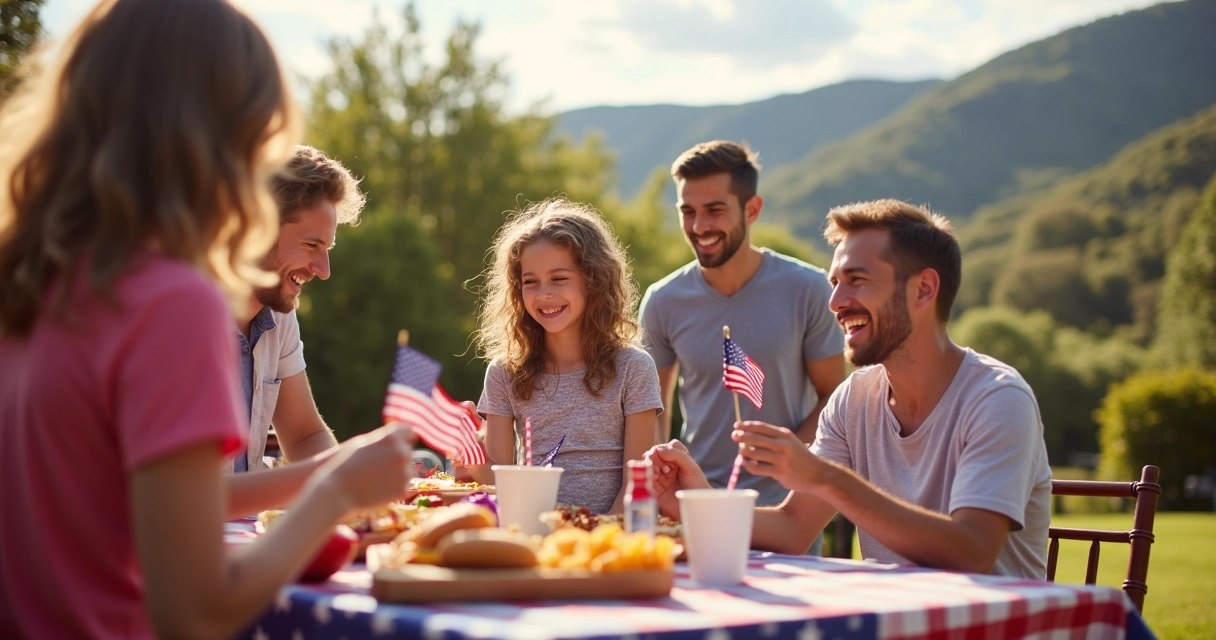 Família comemorando o 4 de Julho com decoração patriótica no jardim 