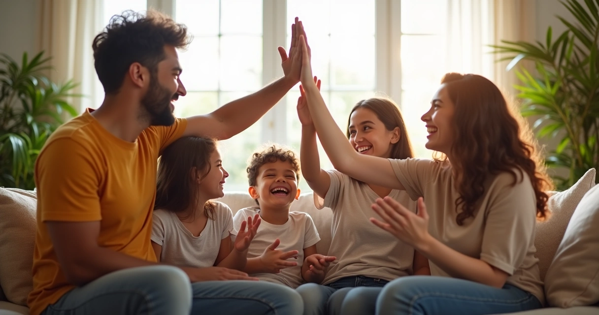 Familia celebrando juntos en la sala de su casa 