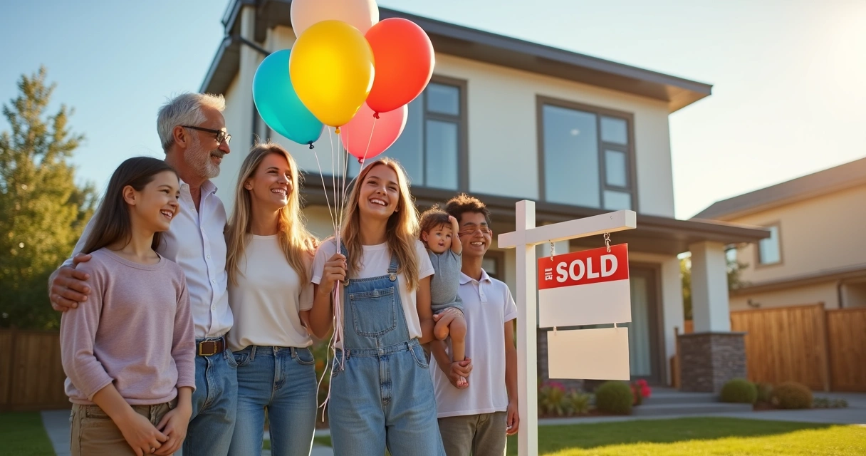 Família comemorando em frente de casa recém-adquirida com balões e sorrisos 