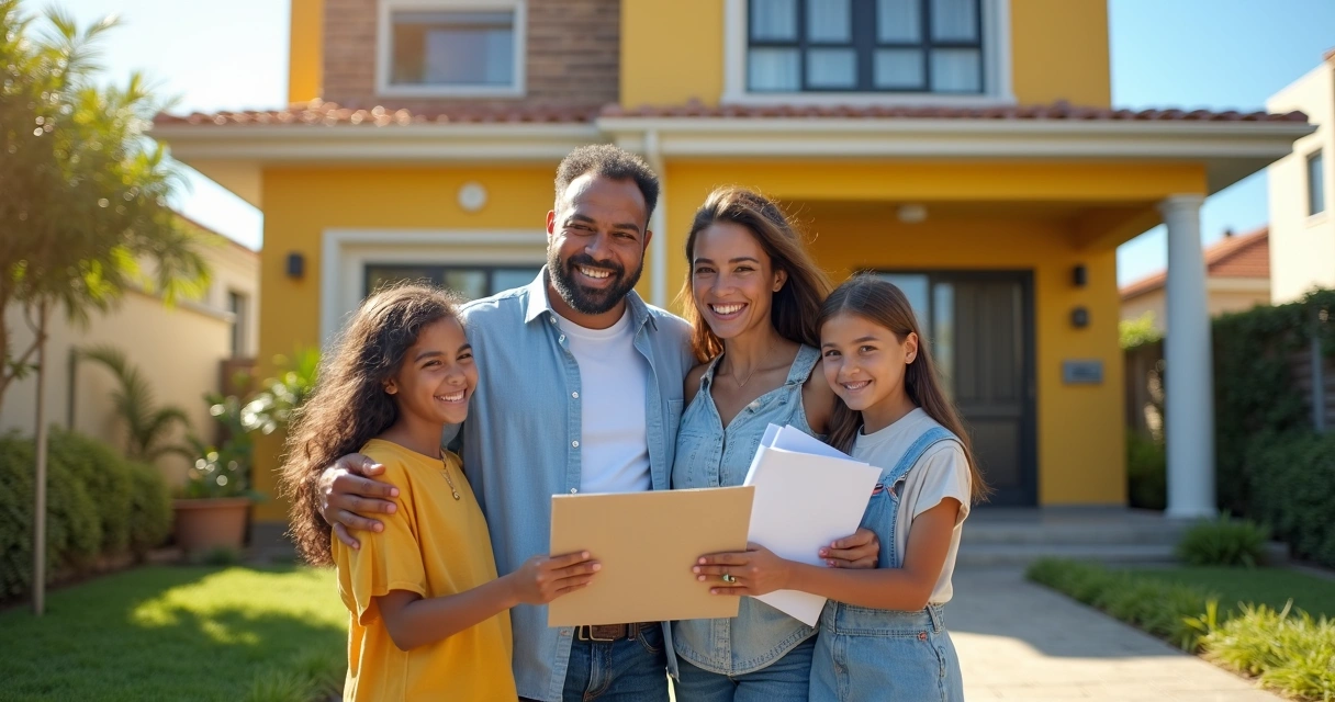 Família sorrindo em frente à casa regularizada 