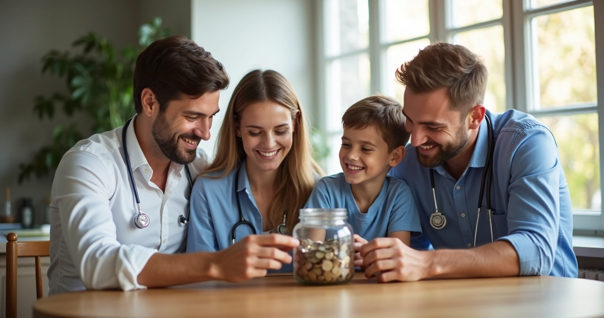 Família reunida comemorando ao redor de cofre de moedas 