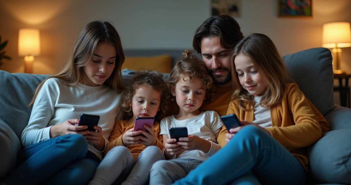 Pais e filhos juntos, mas cada um usando o celular, distantes emocionalmente