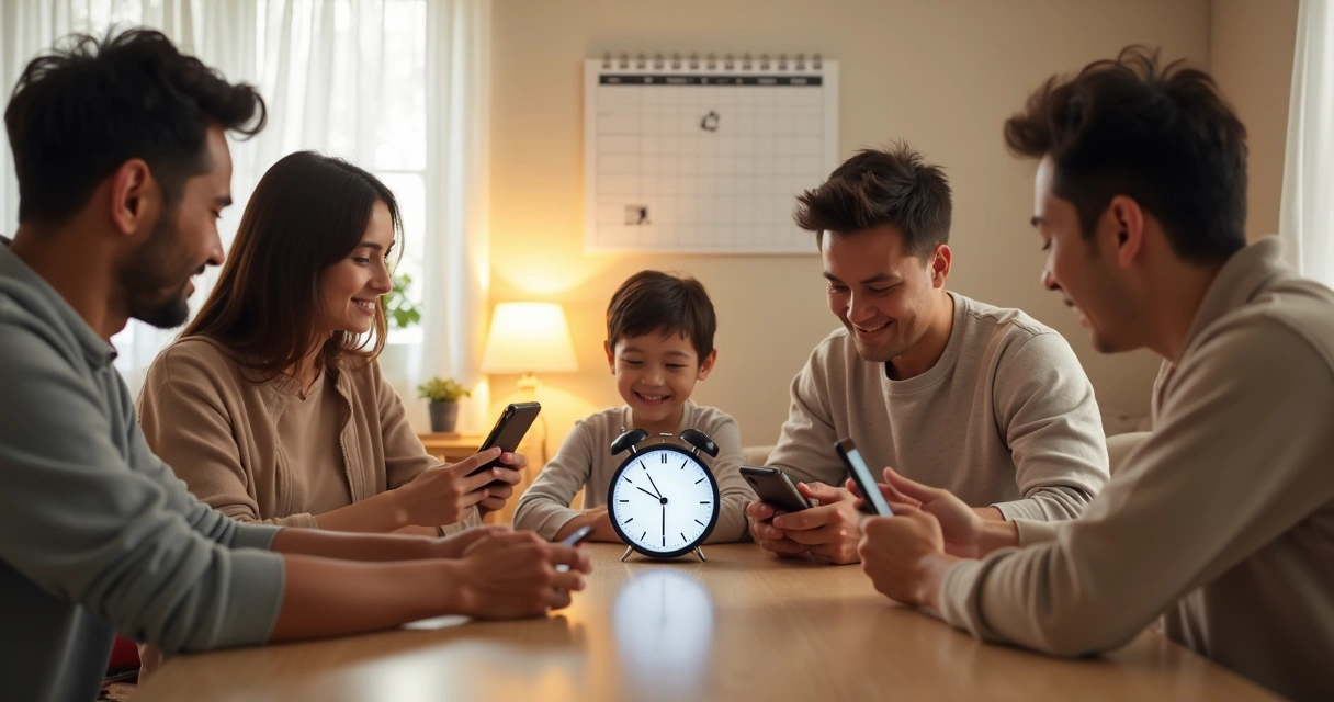 Família reunida em uma mesa, cada um com seu celular, mas observando limites de tempo 