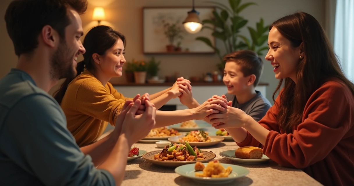 Familia reunida en la mesa dando las gracias antes de cenar 