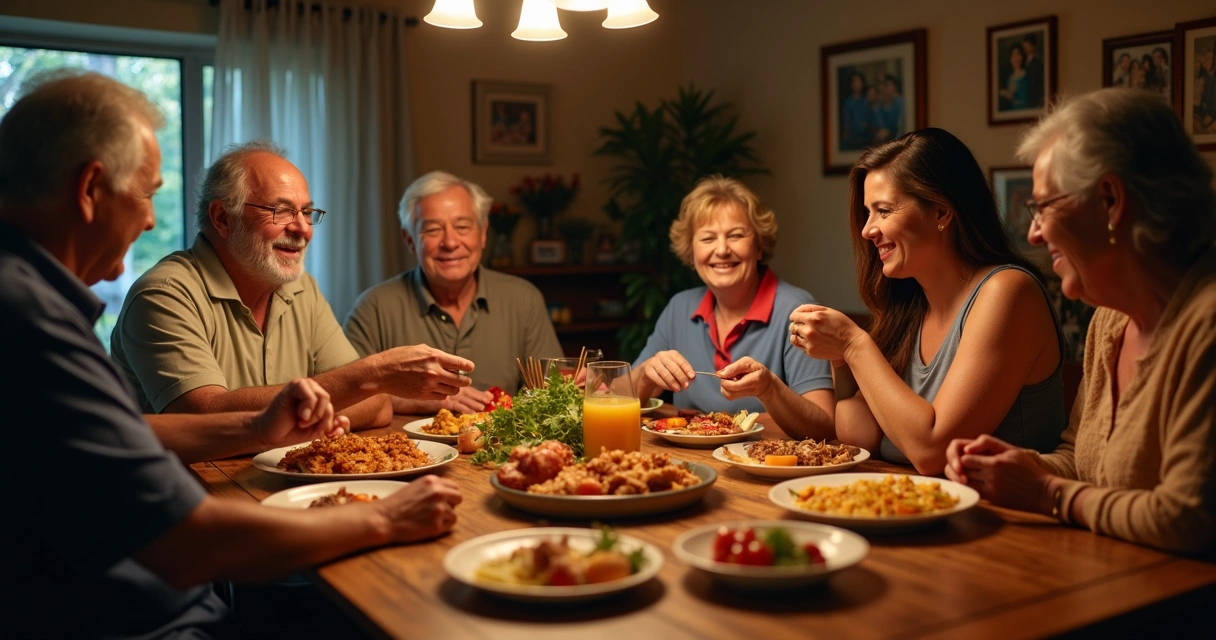 Familia latinoamericana cenando en casa, ambiente acogedor 