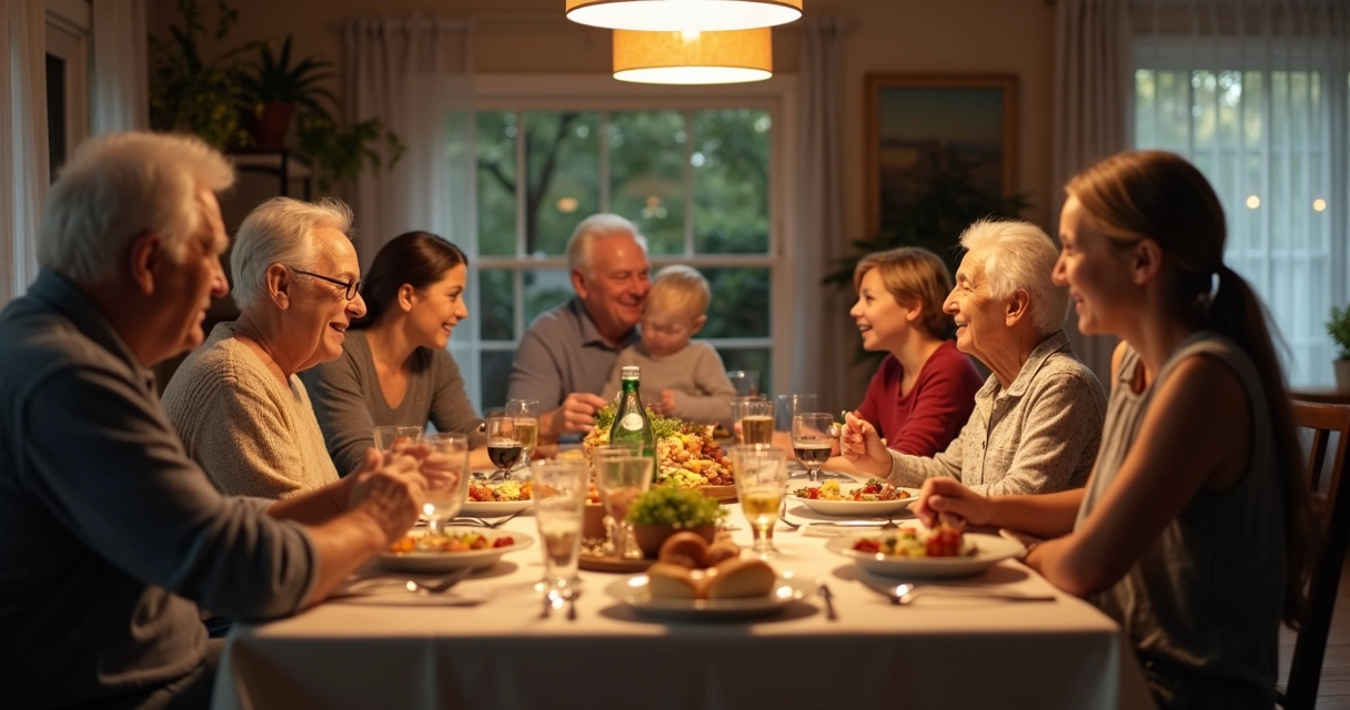 Familia sentada a la mesa durante la cena, varias generaciones compartiendo comida y conversación 
