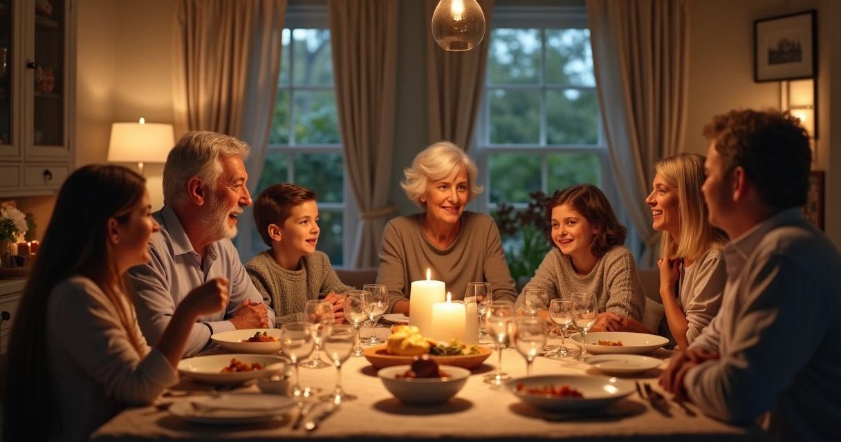 Familia de varias generaciones reunida alrededor de la mesa durante una cena