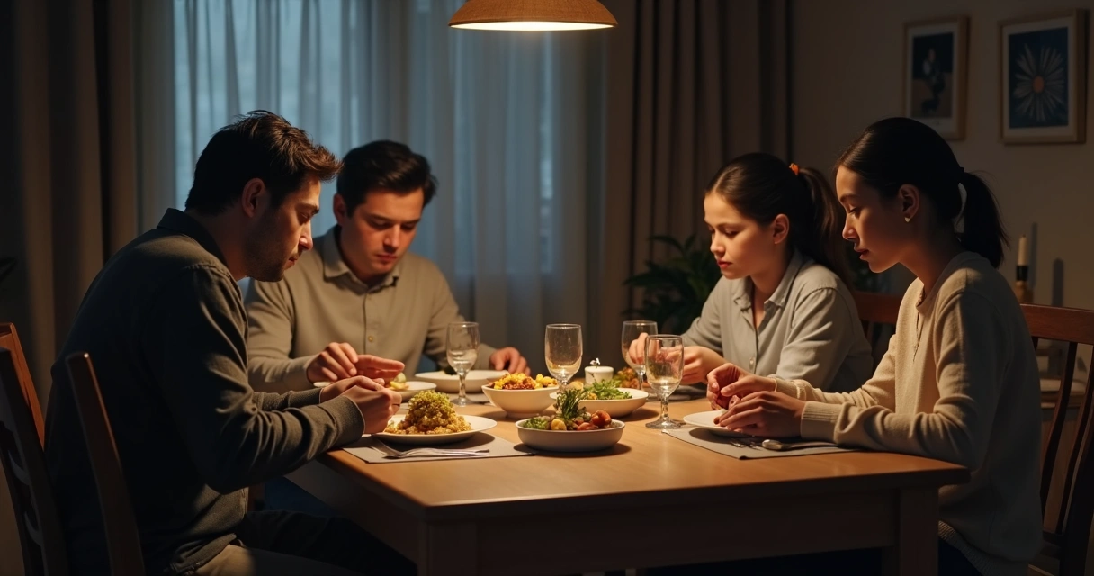 Familia compartiendo una cena en silencio, sin comunicación clara 