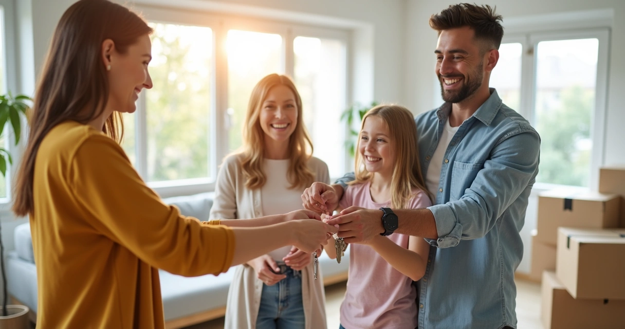 Família recebendo chaves de imóvel novo de corretor 