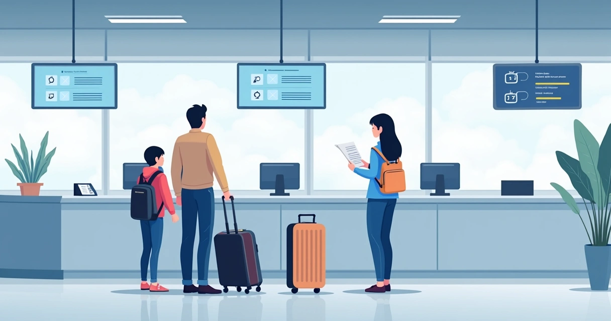 Família em balcão de check-in com criança ao lado do responsável