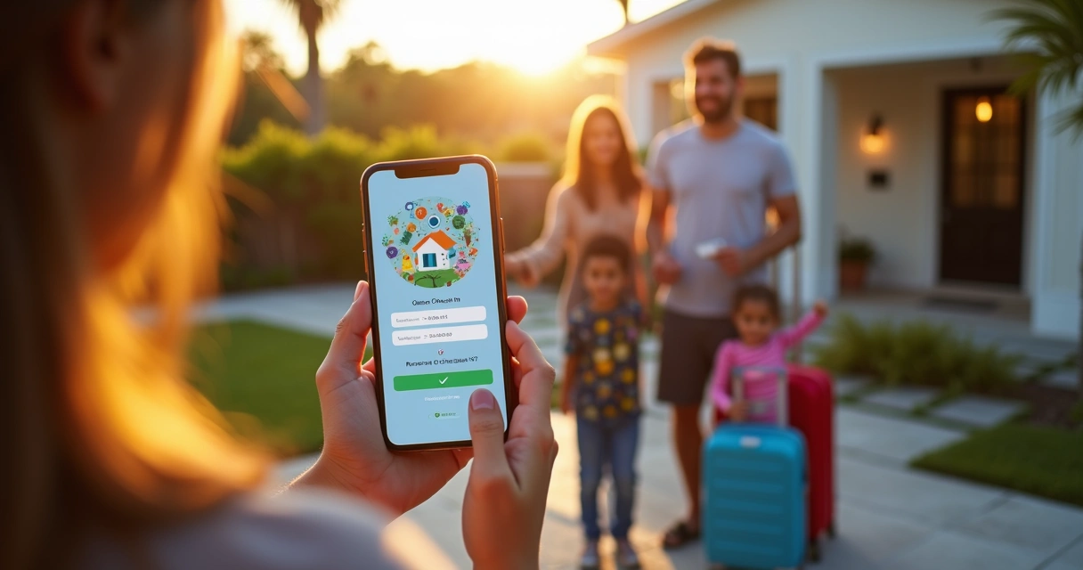 Família brasileira fazendo check-in online em casa de temporada em Orlando no celular 