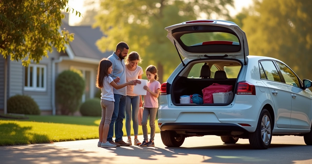 Família conferindo o porta-malas e checklist do carro antes de viagem
