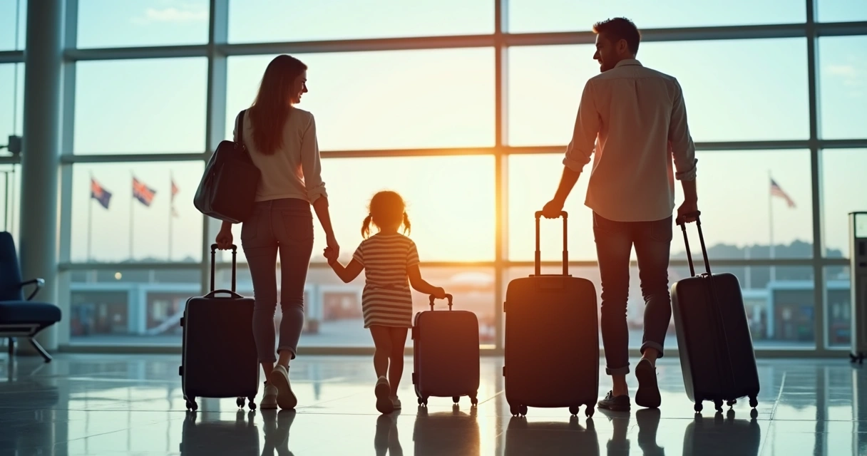 Família jovem com malas no aeroporto, sorrindo e prontos para embarcar 