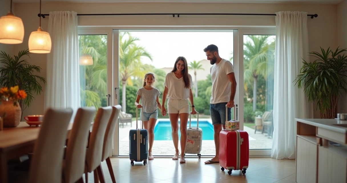 Família brasileira entrando em casa moderna em Orlando