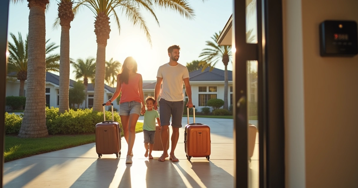 Família com malas entrando em casa alugada em Orlando 