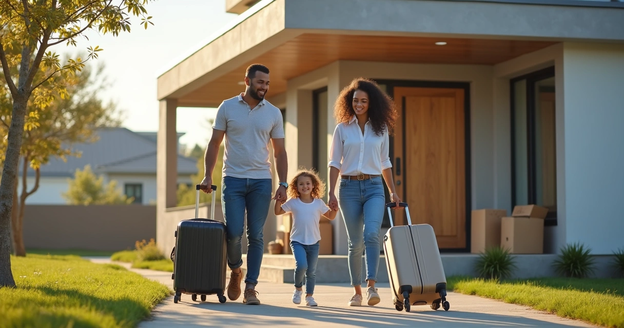Família carregando malas na chegada a uma casa no exterior 