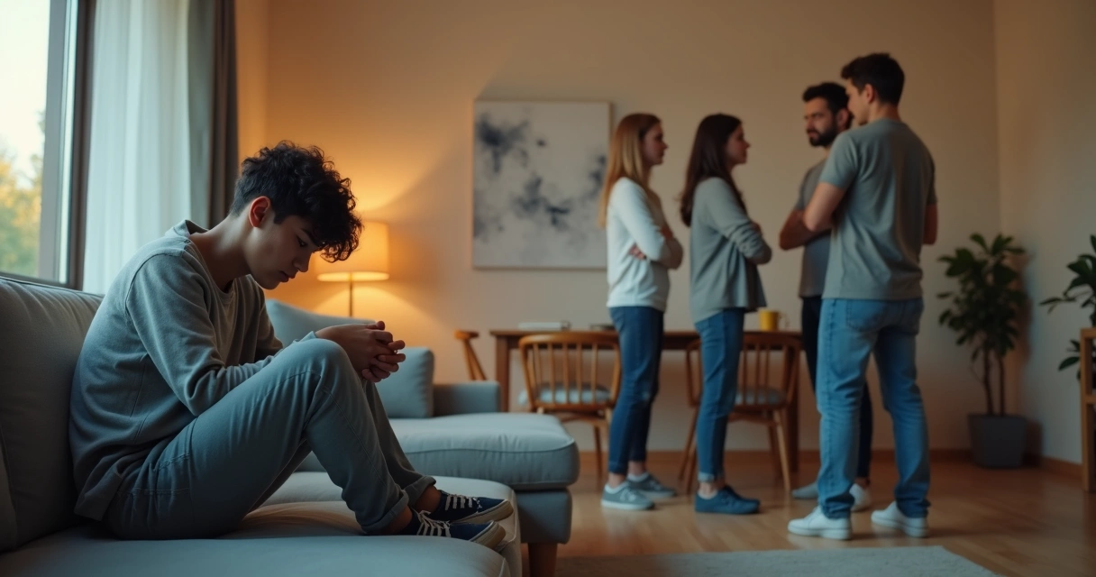 Adolescente aislado en el sofá mientras el resto de la familia se reúne de fondo 