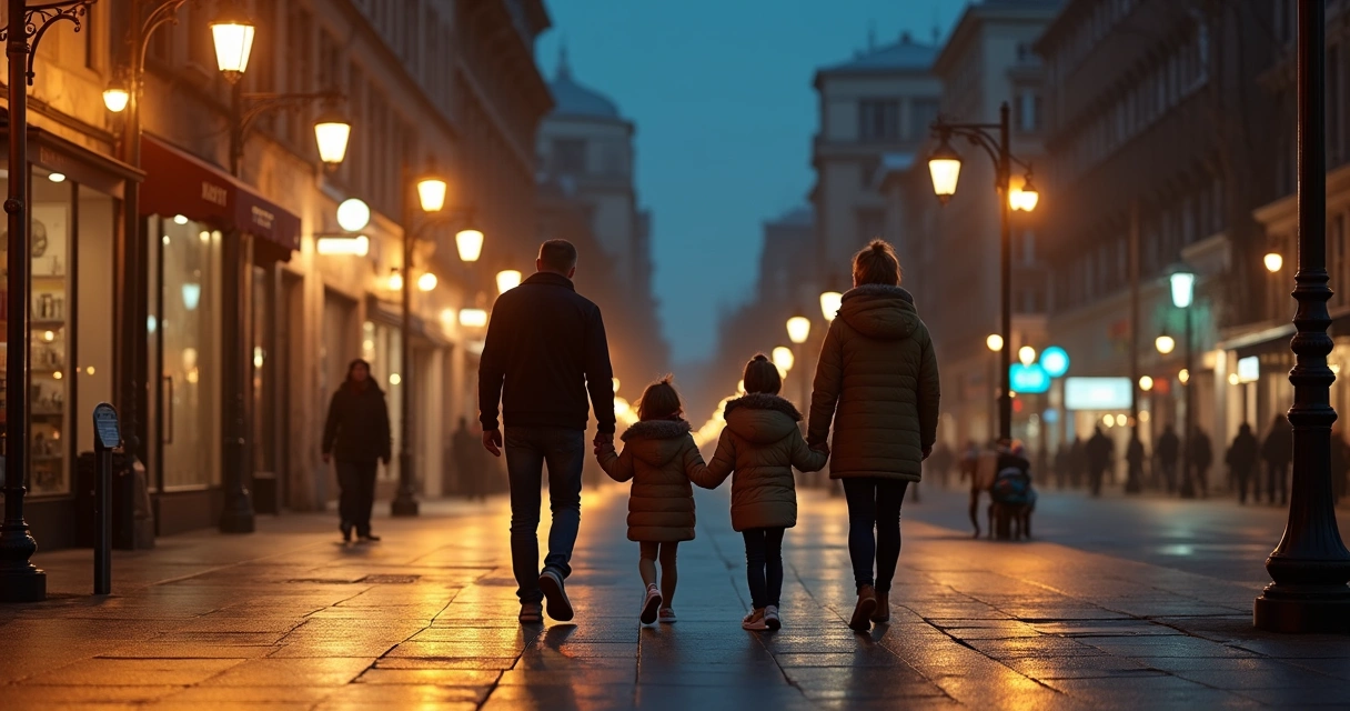 Família caminhando por calçada iluminada na cidade à noite