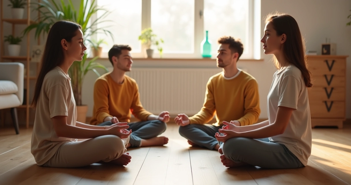Familia sentada en círculo en el suelo, practicando meditación conjunta
