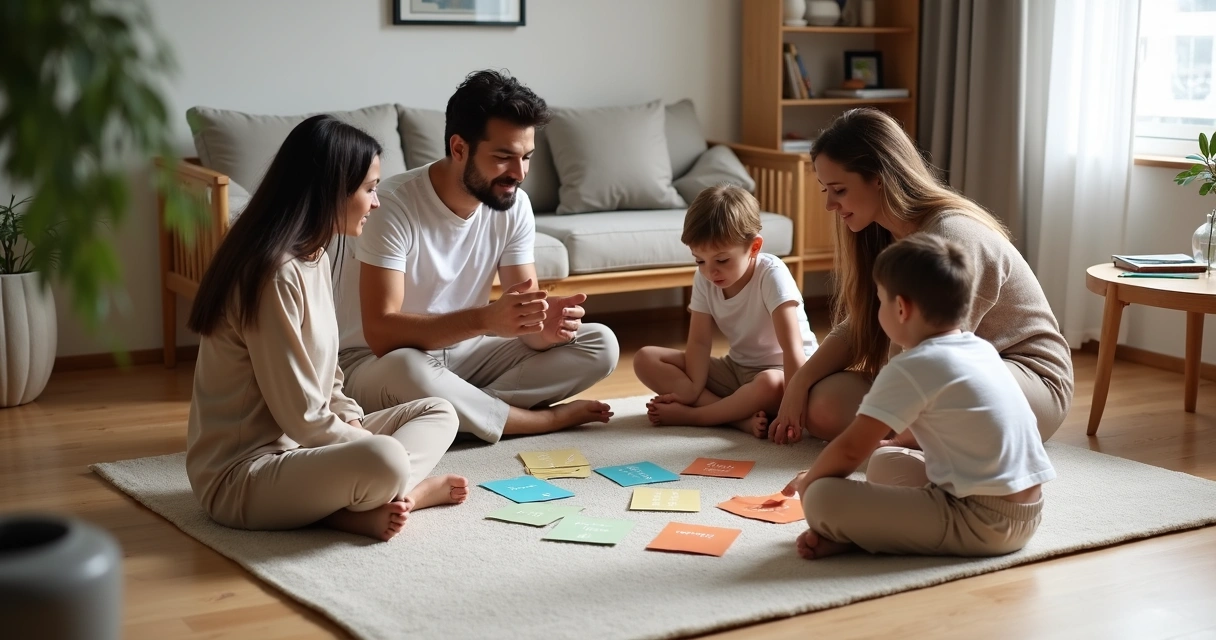 Familia sentada en círculo en el suelo compartiendo tarjetas de valores 
