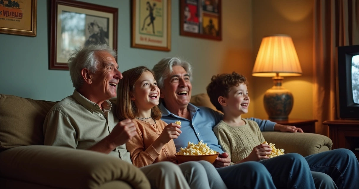 Família reunida assistindo a clássicos na TV 